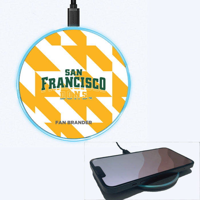 Fan Brander Grey 15W Wireless Charger with San Francisco Dons Primary Logo on Geometric Quad Background