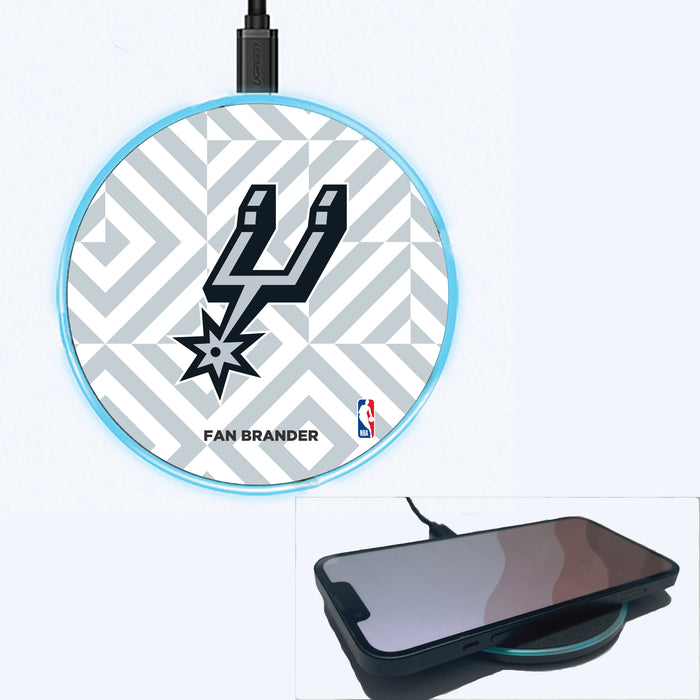 Fan Brander Grey 15W Wireless Charger with San Antonio Spurs Primary Logo on Geometric Diamonds Background