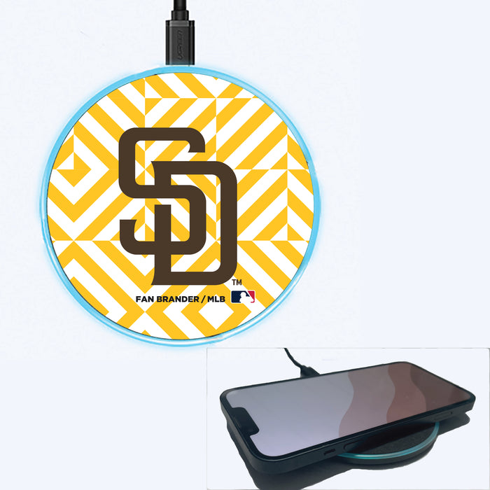 Fan Brander Grey 15W Wireless Charger with San Diego Padres Primary Logo on Geometric Diamonds Background