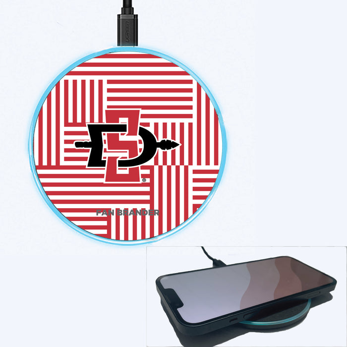 Fan Brander Grey 15W Wireless Charger with San Diego State Aztecs Primary Logo on Geometric Lines Background