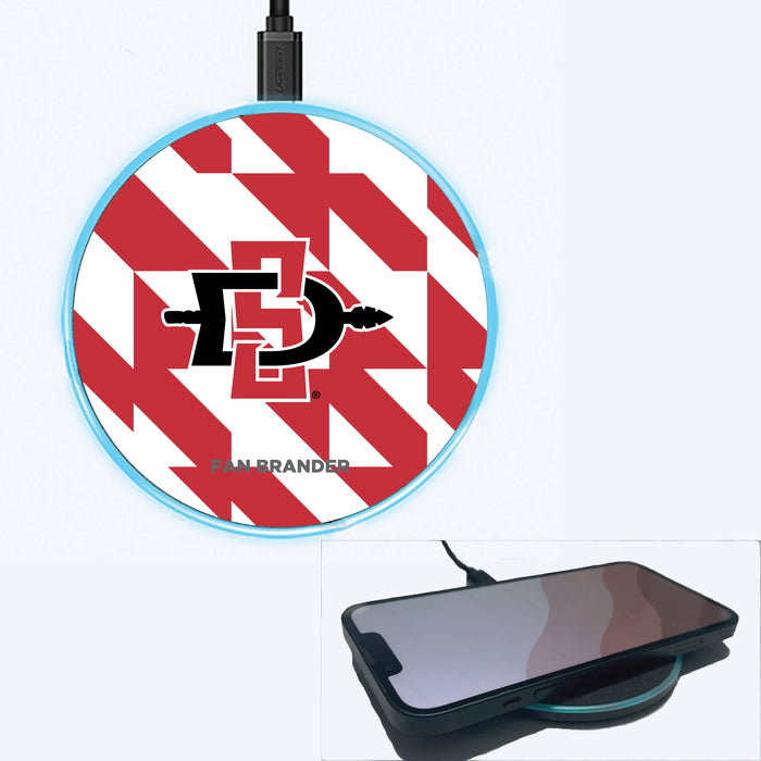 Fan Brander Grey 15W Wireless Charger with San Diego State Aztecs Primary Logo on Geometric Quad Background