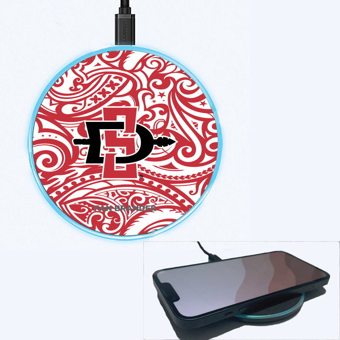 Fan Brander Grey 15W Wireless Charger with San Diego State Aztecs Primary Logo With Team Color Tribal Background