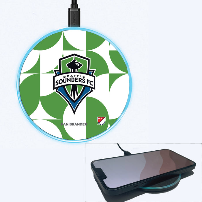 Fan Brander Grey 15W Wireless Charger with Seatle Sounders Primary Logo on Geometric Circle Background