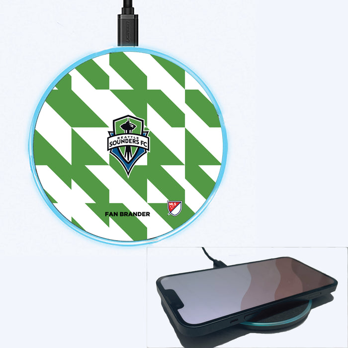 Fan Brander Grey 15W Wireless Charger with Seatle Sounders Primary Logo on Geometric Quad Background