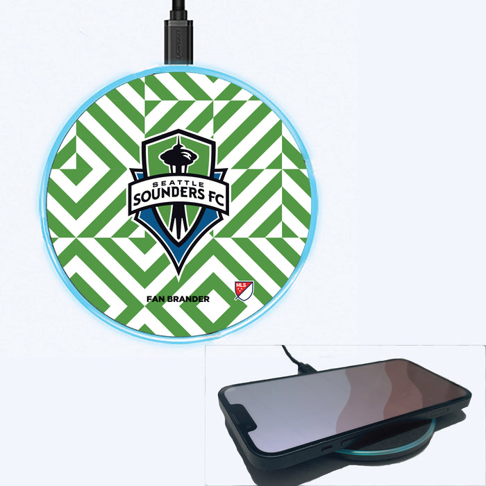 Fan Brander Grey 15W Wireless Charger with Seatle Sounders Primary Logo on Geometric Diamonds Background