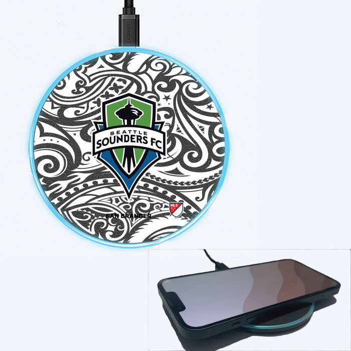 Fan Brander Grey 15W Wireless Charger with Seatle Sounders Primary Logo With Black Tribal
