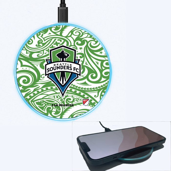 Fan Brander Grey 15W Wireless Charger with Seatle Sounders Primary Logo With Team Color Tribal Background