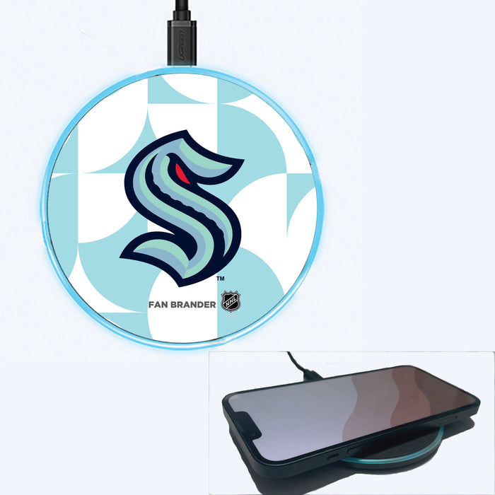 Fan Brander Grey 15W Wireless Charger with Seattle Kraken Primary Logo on Geometric Circle Background