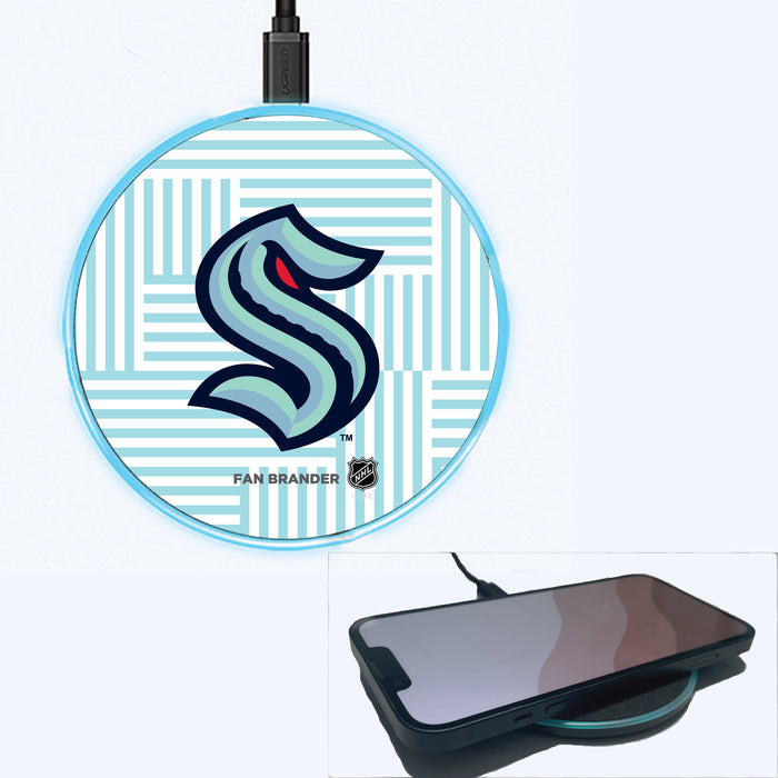 Fan Brander Grey 15W Wireless Charger with Seattle Kraken Primary Logo on Geometric Lines Background