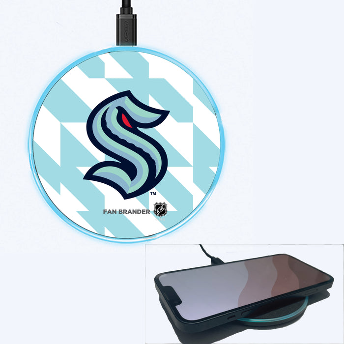 Fan Brander Grey 15W Wireless Charger with Seattle Kraken Primary Logo on Geometric Quad Background