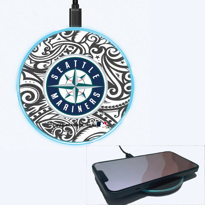 Fan Brander Grey 15W Wireless Charger with Seattle Mariners Primary Logo With Black Tribal