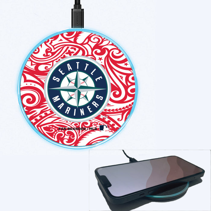 Fan Brander Grey 15W Wireless Charger with Seattle Mariners Primary Logo With Team Color Tribal Background