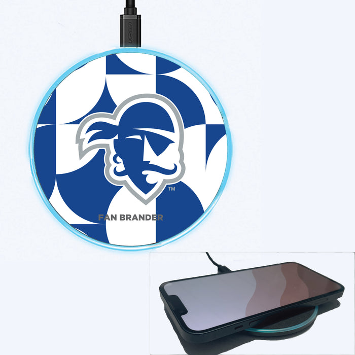 Fan Brander Grey 15W Wireless Charger with Seton Hall Pirates Primary Logo on Geometric Circle Background