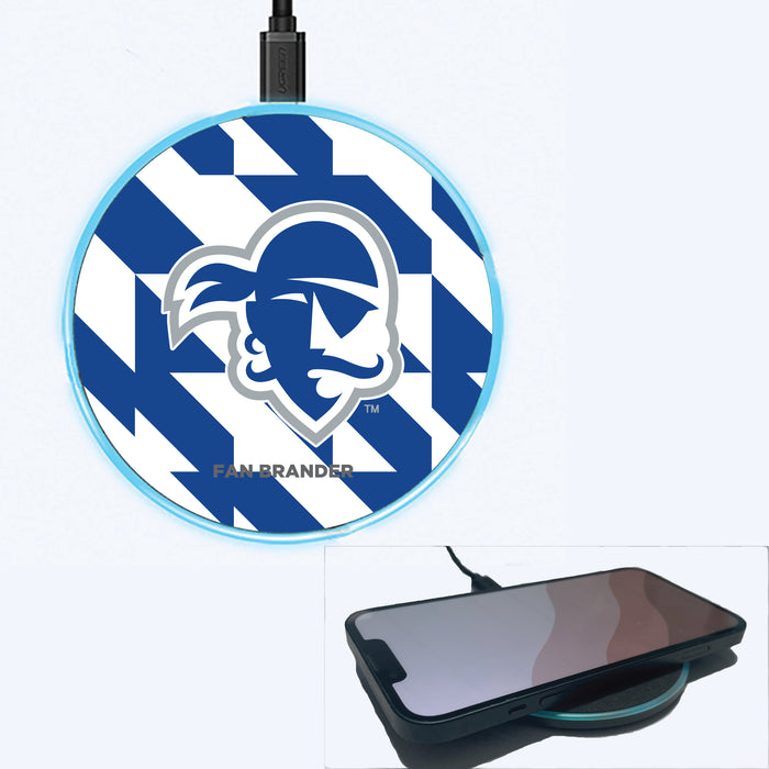 Fan Brander Grey 15W Wireless Charger with Seton Hall Pirates Primary Logo on Geometric Quad Background