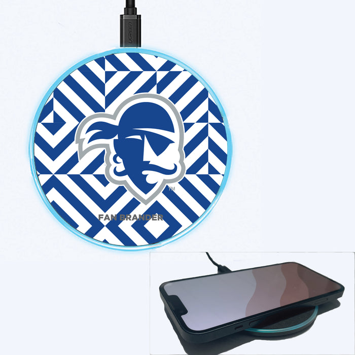 Fan Brander Grey 15W Wireless Charger with Seton Hall Pirates Primary Logo on Geometric Diamonds Background