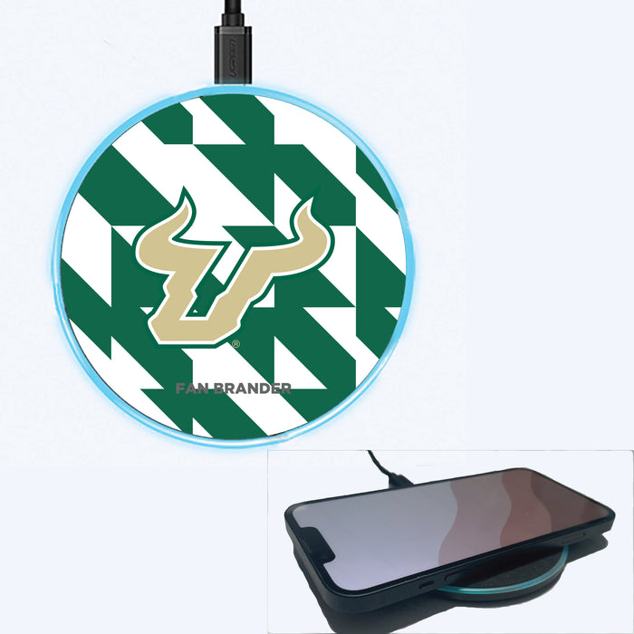 Fan Brander Grey 15W Wireless Charger with South Florida Bulls Primary Logo on Geometric Quad Background