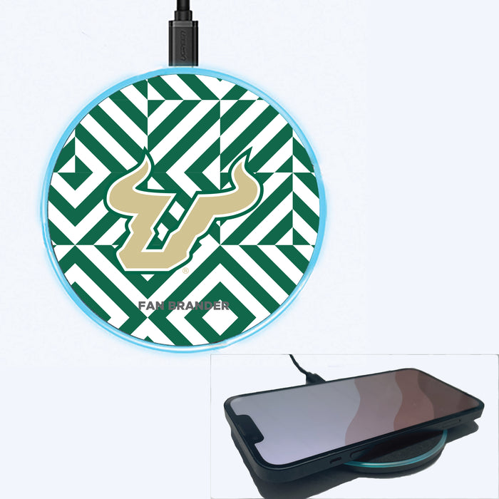Fan Brander Grey 15W Wireless Charger with South Florida Bulls Primary Logo on Geometric Diamonds Background