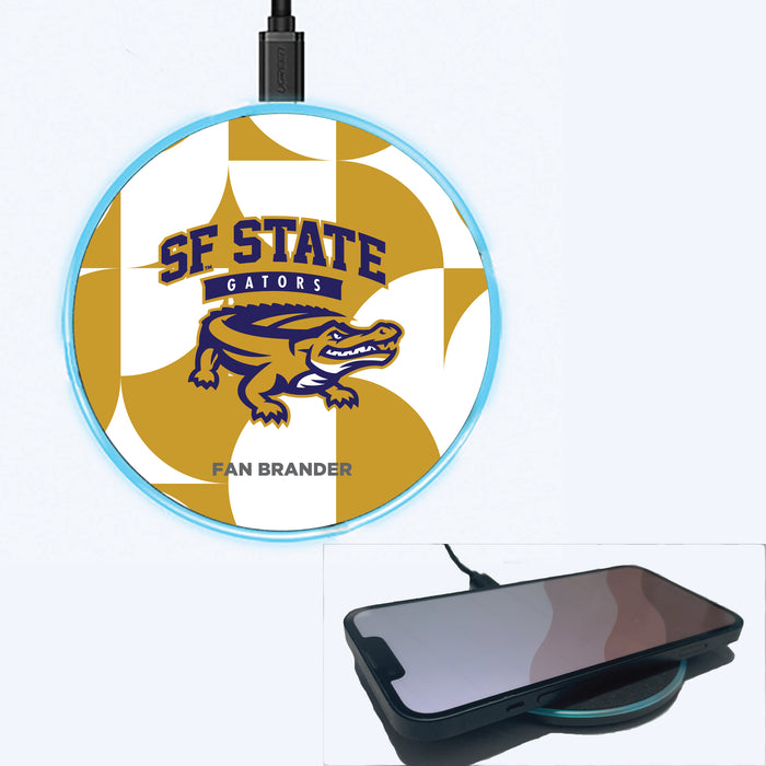 Fan Brander Grey 15W Wireless Charger with San Francisco State U Gators Primary Logo on Geometric Circle Background