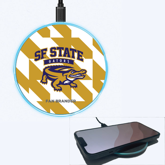 Fan Brander Grey 15W Wireless Charger with San Francisco State U Gators Primary Logo on Geometric Quad Background