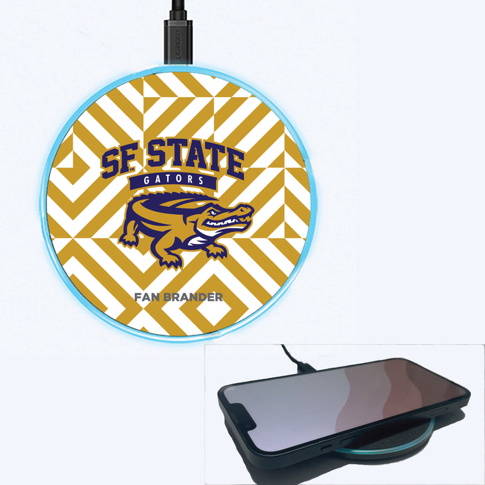 Fan Brander Grey 15W Wireless Charger with San Francisco State U Gators Primary Logo on Geometric Diamonds Background