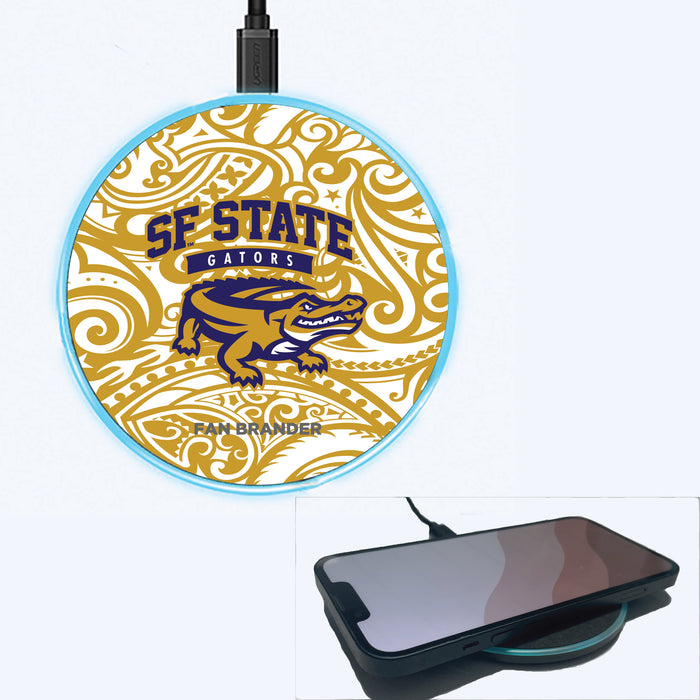 Fan Brander Grey 15W Wireless Charger with San Francisco State U Gators Primary Logo With Team Color Tribal Background