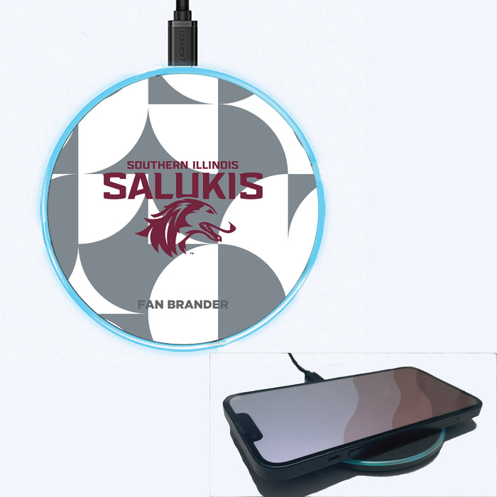 Fan Brander Grey 15W Wireless Charger with Southern Illinois Salukis Primary Logo on Geometric Circle Background