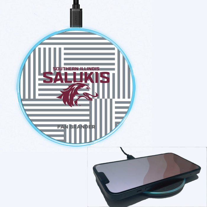 Fan Brander Grey 15W Wireless Charger with Southern Illinois Salukis Primary Logo on Geometric Lines Background