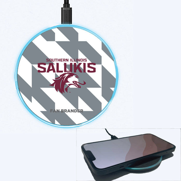 Fan Brander Grey 15W Wireless Charger with Southern Illinois Salukis Primary Logo on Geometric Quad Background