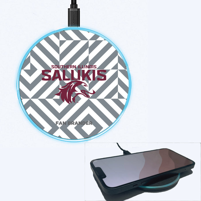 Fan Brander Grey 15W Wireless Charger with Southern Illinois Salukis Primary Logo on Geometric Diamonds Background