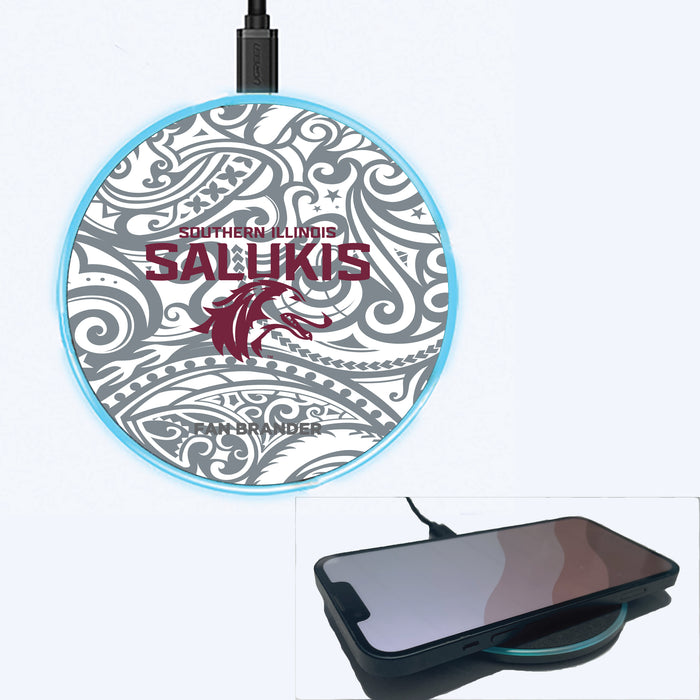 Fan Brander Grey 15W Wireless Charger with Southern Illinois Salukis Primary Logo With Team Color Tribal Background