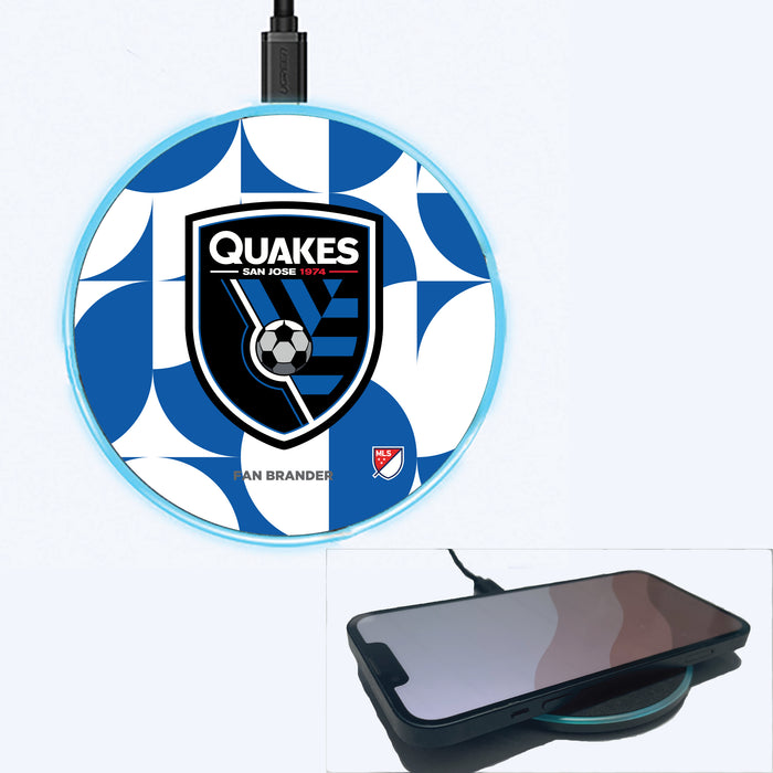 Fan Brander Grey 15W Wireless Charger with San Jose Earthquakes Primary Logo on Geometric Circle Background