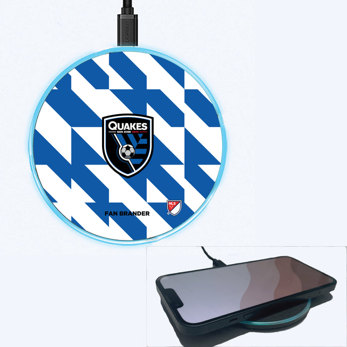 Fan Brander Grey 15W Wireless Charger with San Jose Earthquakes Primary Logo on Geometric Quad Background