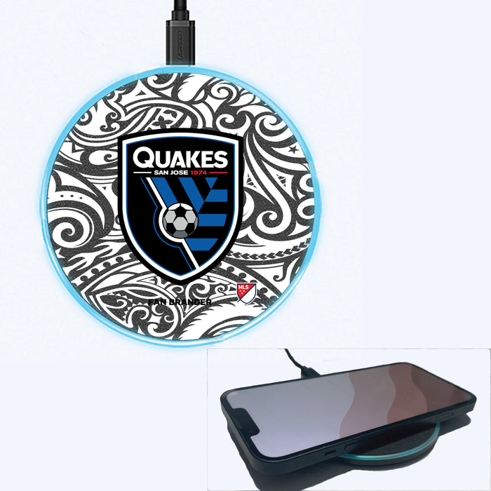 Fan Brander Grey 15W Wireless Charger with San Jose Earthquakes Primary Logo With Black Tribal