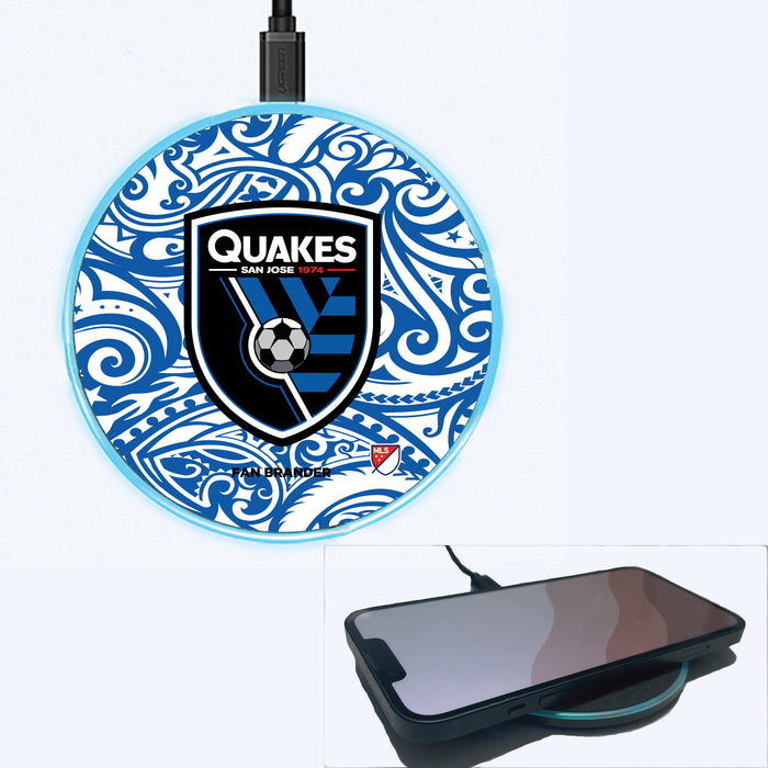 Fan Brander Grey 15W Wireless Charger with San Jose Earthquakes Primary Logo With Team Color Tribal Background
