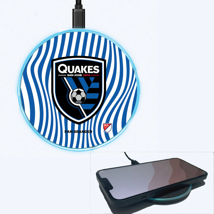 Fan Brander Grey 15W Wireless Charger with San Jose Earthquakes Primary Logo With Team Groovey Lines