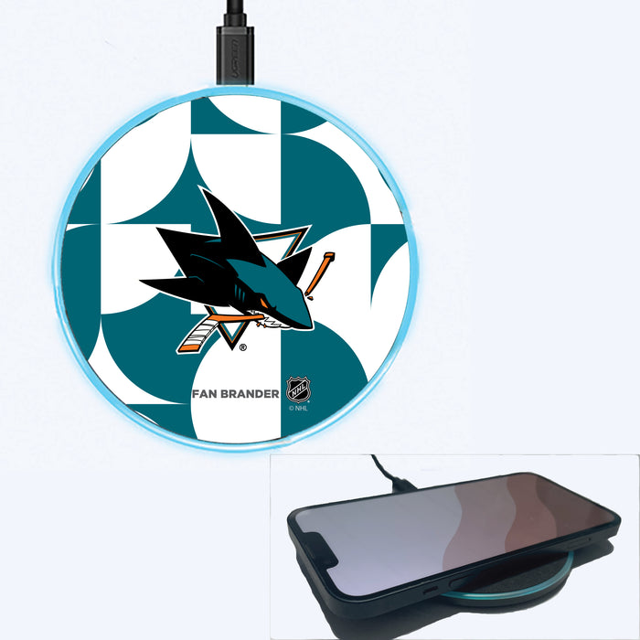 Fan Brander Grey 15W Wireless Charger with San Jose Sharks Primary Logo on Geometric Circle Background