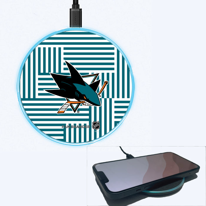 Fan Brander Grey 15W Wireless Charger with San Jose Sharks Primary Logo on Geometric Lines Background