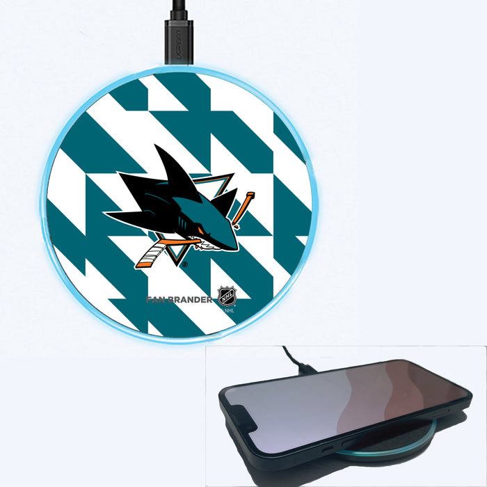 Fan Brander Grey 15W Wireless Charger with San Jose Sharks Primary Logo on Geometric Quad Background