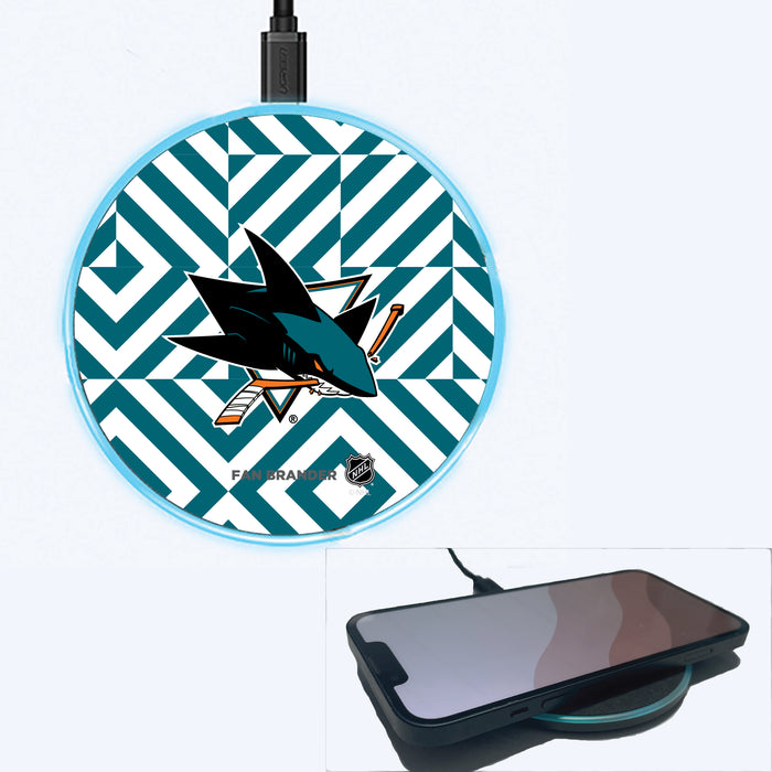 Fan Brander Grey 15W Wireless Charger with San Jose Sharks Primary Logo on Geometric Diamonds Background