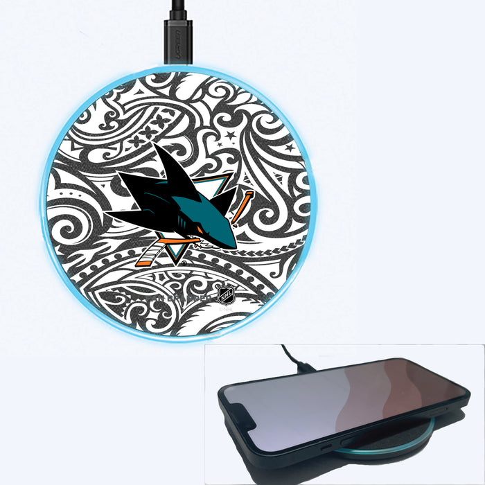 Fan Brander Grey 15W Wireless Charger with San Jose Sharks Primary Logo With Black Tribal