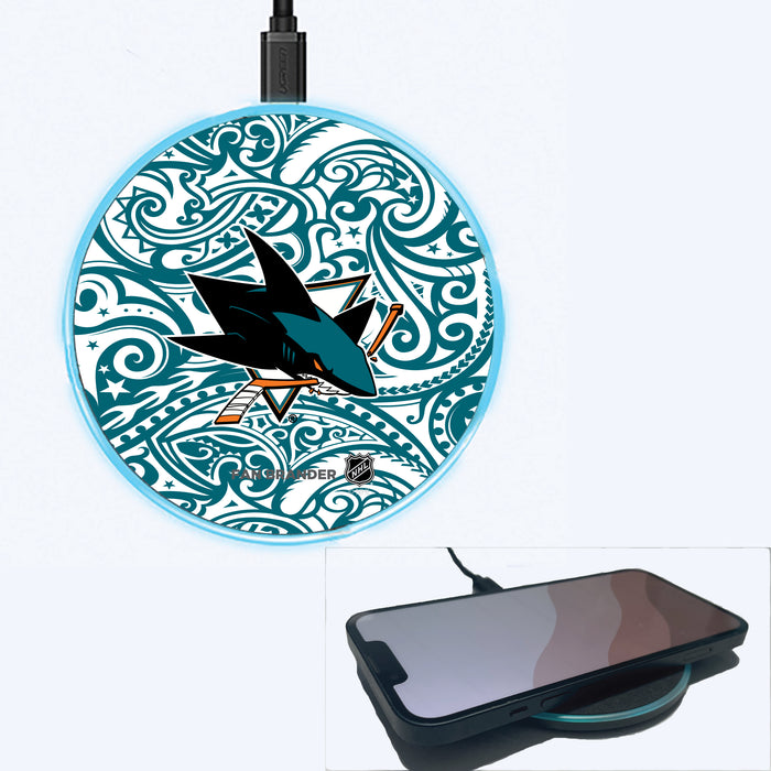 Fan Brander Grey 15W Wireless Charger with San Jose Sharks Primary Logo With Team Color Tribal Background