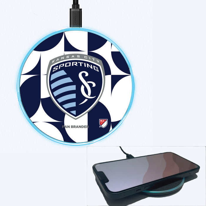 Fan Brander Grey 15W Wireless Charger with Sporting Kansas City Primary Logo on Geometric Circle Background