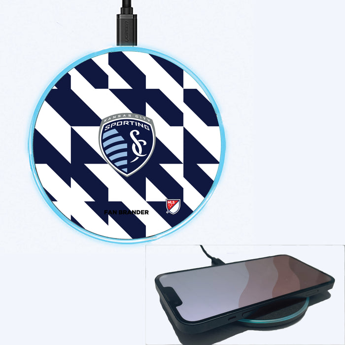 Fan Brander Grey 15W Wireless Charger with Sporting Kansas City Primary Logo on Geometric Quad Background