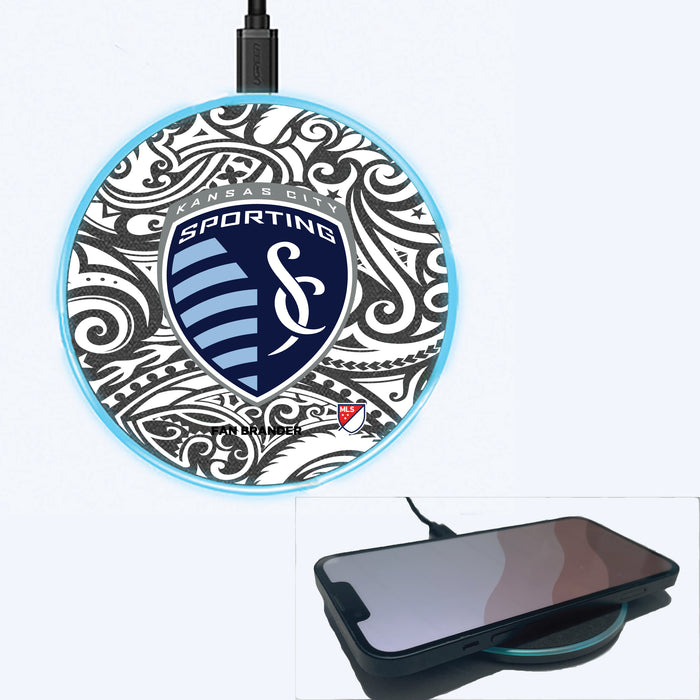 Fan Brander Grey 15W Wireless Charger with Sporting Kansas City Primary Logo With Black Tribal
