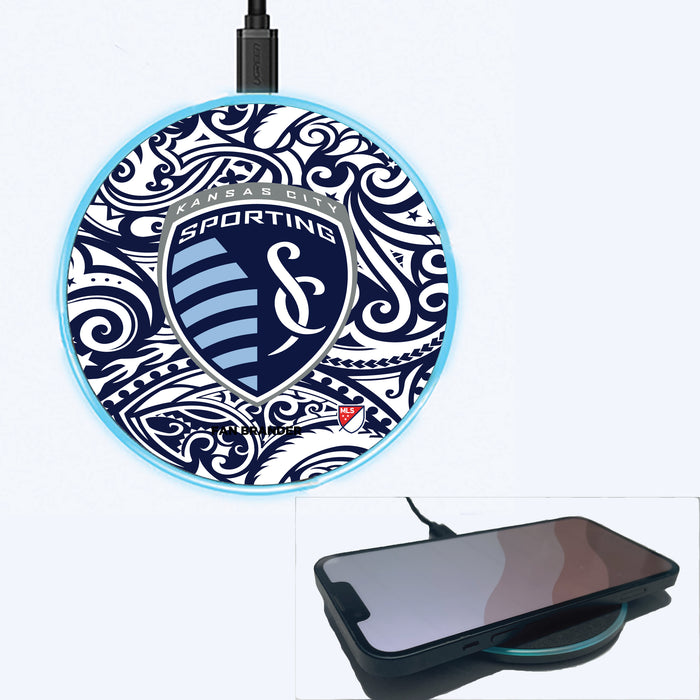 Fan Brander Grey 15W Wireless Charger with Sporting Kansas City Primary Logo With Team Color Tribal Background