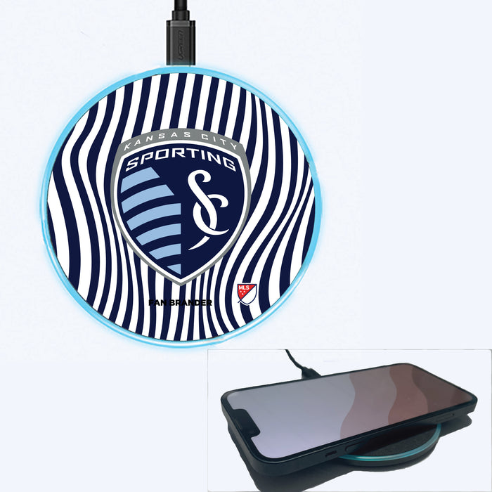 Fan Brander Grey 15W Wireless Charger with Sporting Kansas City Primary Logo With Team Groovey Lines