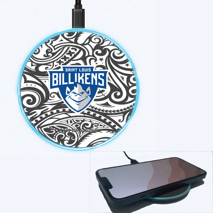 Fan Brander Grey 15W Wireless Charger with Saint Louis Billikens Primary Logo With Black Tribal
