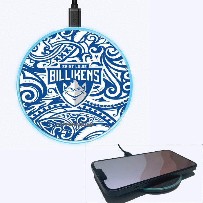 Fan Brander Grey 15W Wireless Charger with Saint Louis Billikens Primary Logo With Team Color Tribal Background