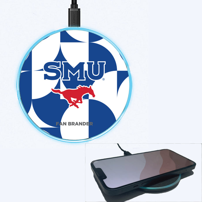 Fan Brander Grey 15W Wireless Charger with SMU Mustangs Primary Logo on Geometric Circle Background