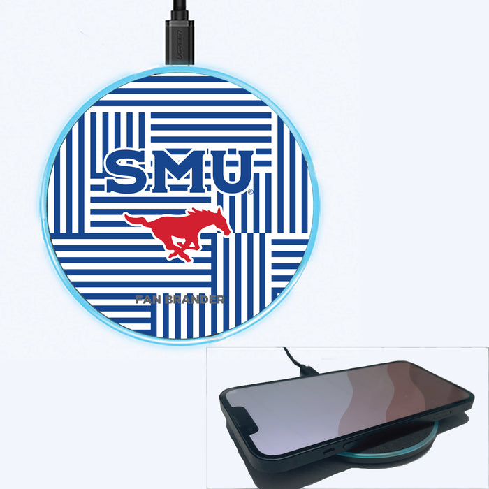 Fan Brander Grey 15W Wireless Charger with SMU Mustangs Primary Logo on Geometric Lines Background